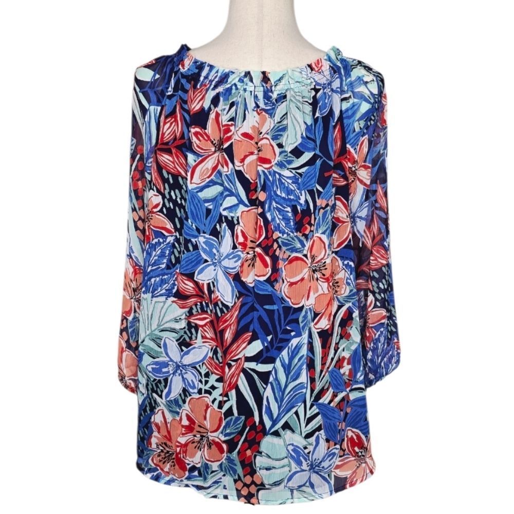 Jones New York Multi Color Floral Printed Smocked-Neck Blouse Size LP - Picture 5 of 10